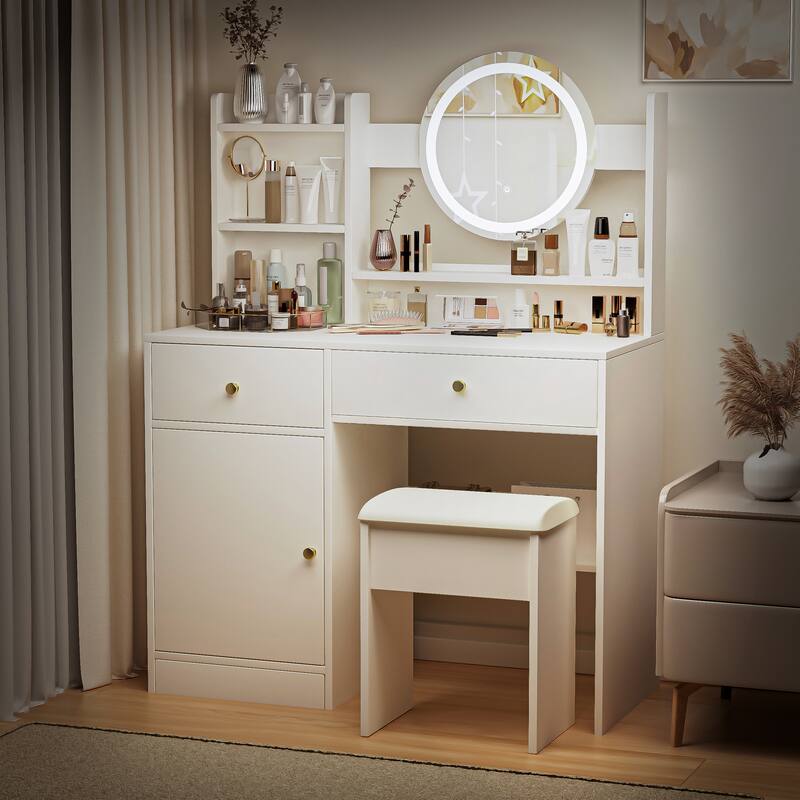 Bedroom Makeup Vanity Desk with Touch LED Light Mirror, Dressing Table with Upholstered Vanity Stool, White