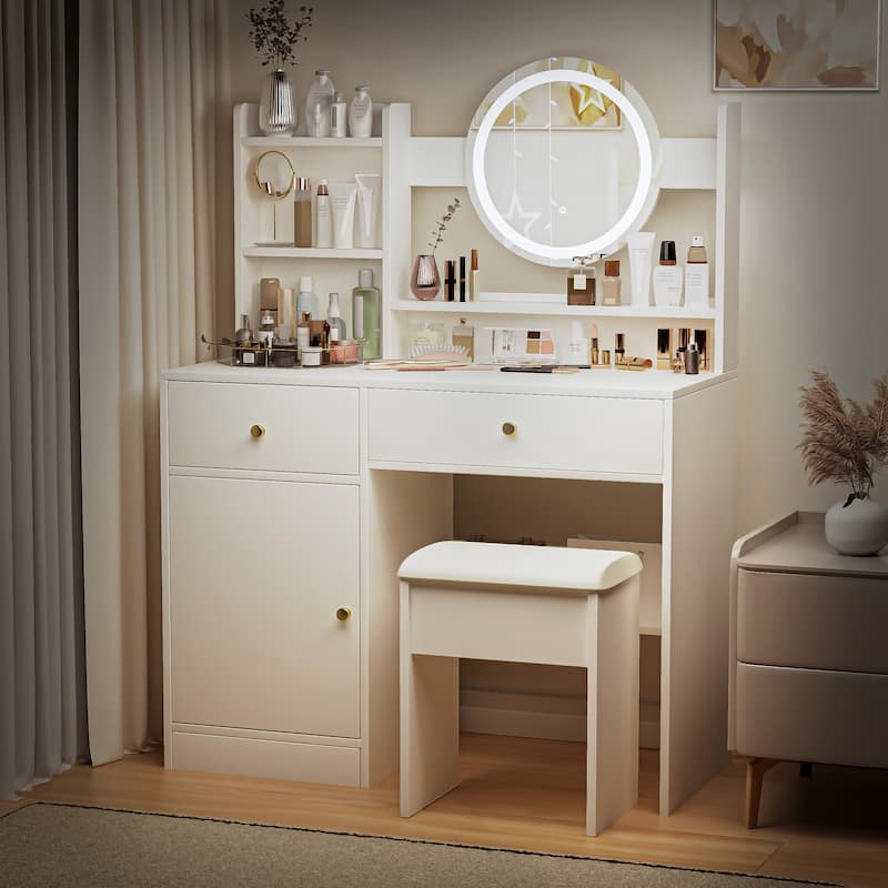 Fashion Vanity Desk with Mirror and Lights for Makeup and Cushioned Chair