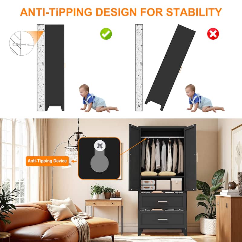 Tall Metal Wardrobe Armoire Cabinet with 2 Drawers and Hanging Rod, Black