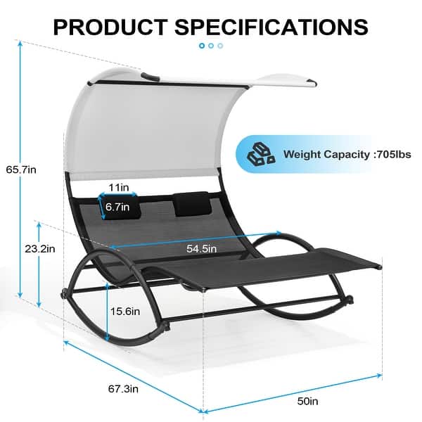 dimension image slide 1 of 5, Outdoor Double Chaise Lounge Chair Rocking Lounger with Sunshade Canopy - 54.5"W*67.3"D*65.7"H