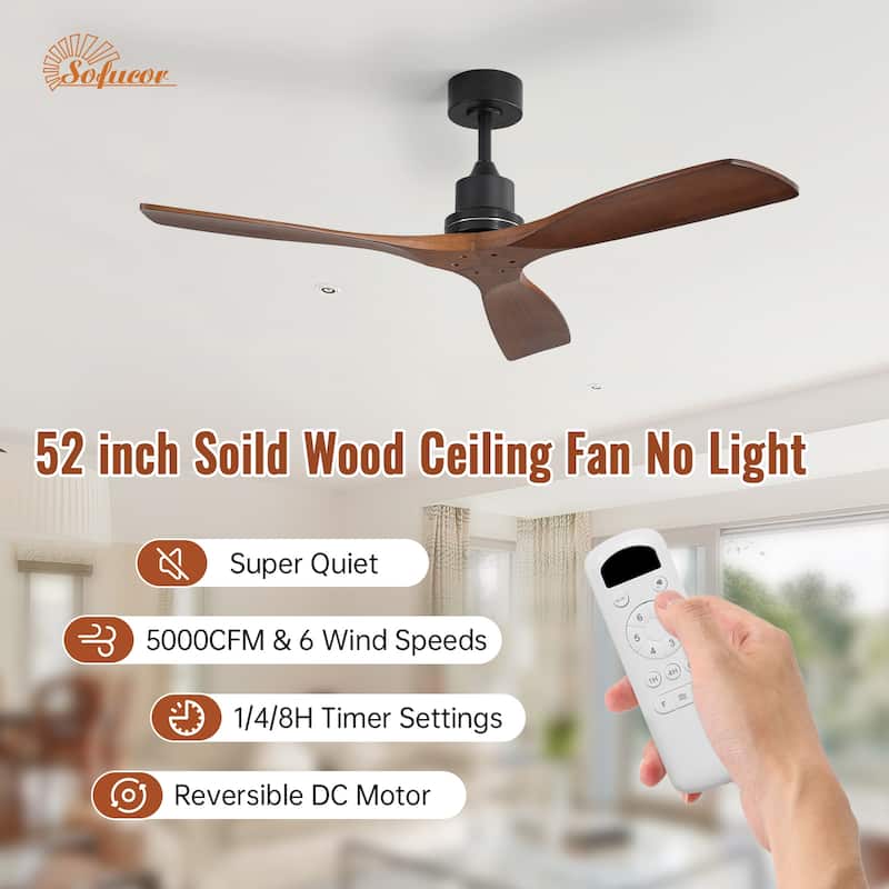 52" Farmhouse Style Wood Walnut Ceiling Fan With Lights and Remote Control, Dimmable LED Optional