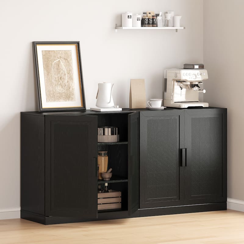 62"LX31"H Solid Wood Kitchen Pantry Sideboard Buffet Cabinet Storage with Rattan Doors - Black