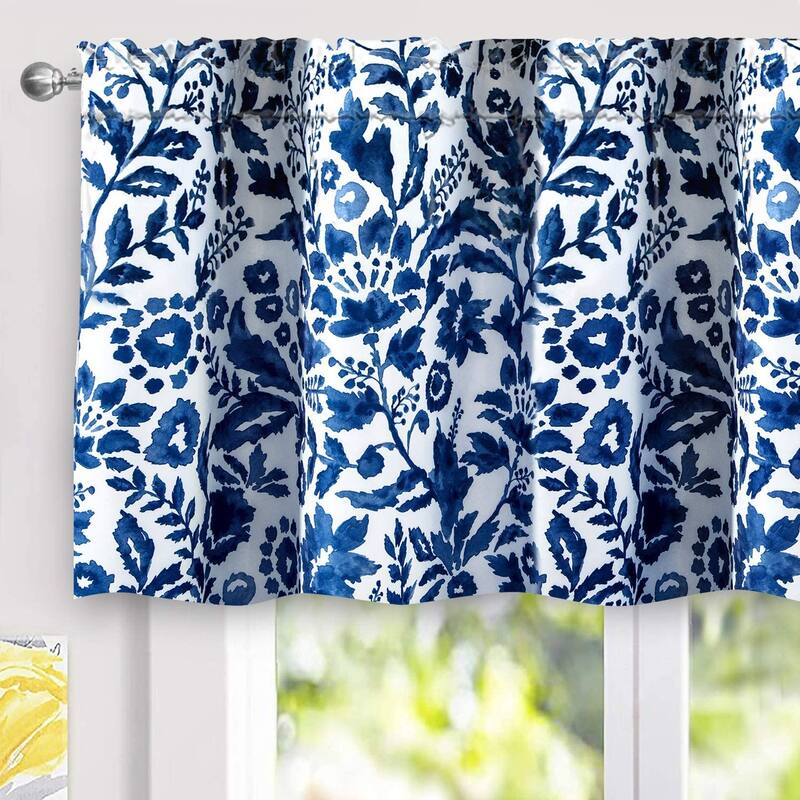 DriftAway Julia Watercolor Blooming Flower Floral Lined Window Curtain Valance - 52'' width x 24'' length - Navy