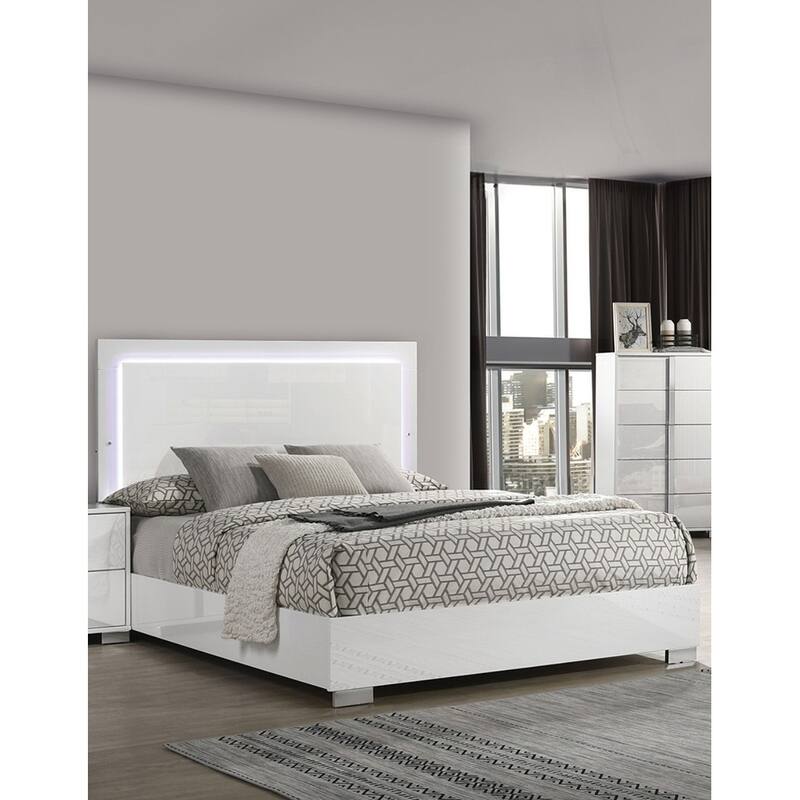 Contemporary White LED King Size Bed with Chrome Legs and UV Finish