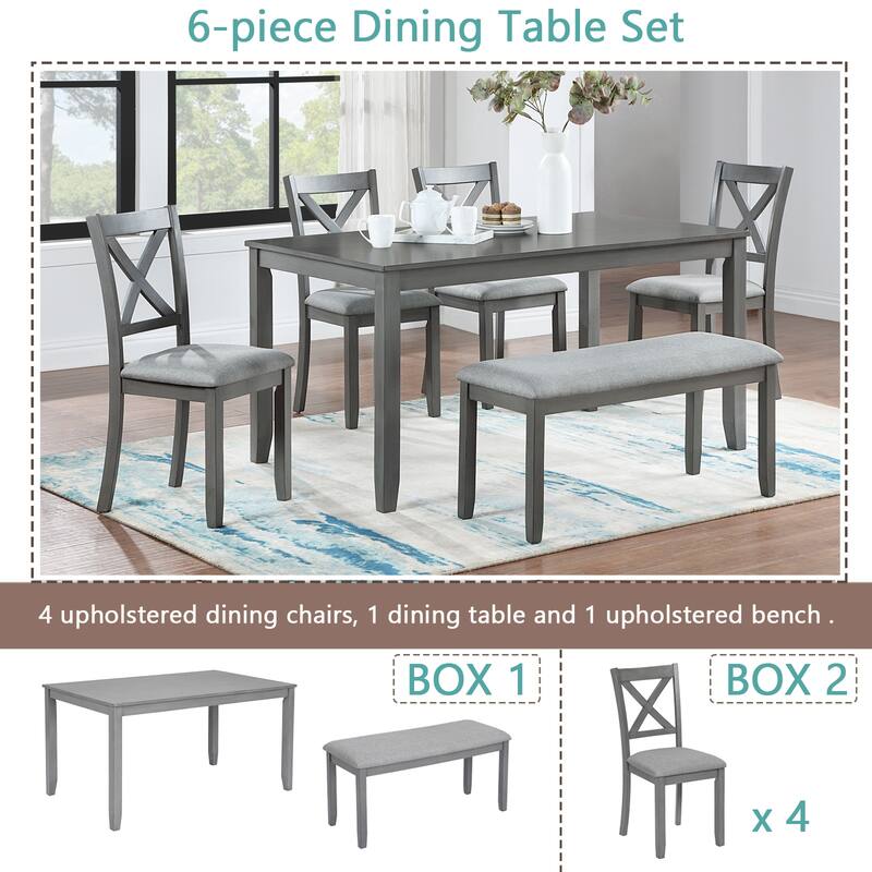 Wooden Dining Rectangular Table set with Bench for 6,Kitchen Dining Table with Bench for Small Space
