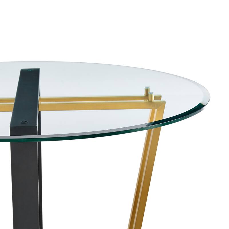 Sanaya Dining Table, 48 Inch Glass Top, Gold Steel, Black Iron - Gold, Black, Clear