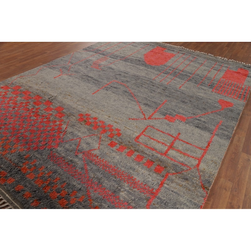 Moroccan Oriental Area Rug Hand-Knotted Grey Wool Carpet - 8'0" x 10'7"