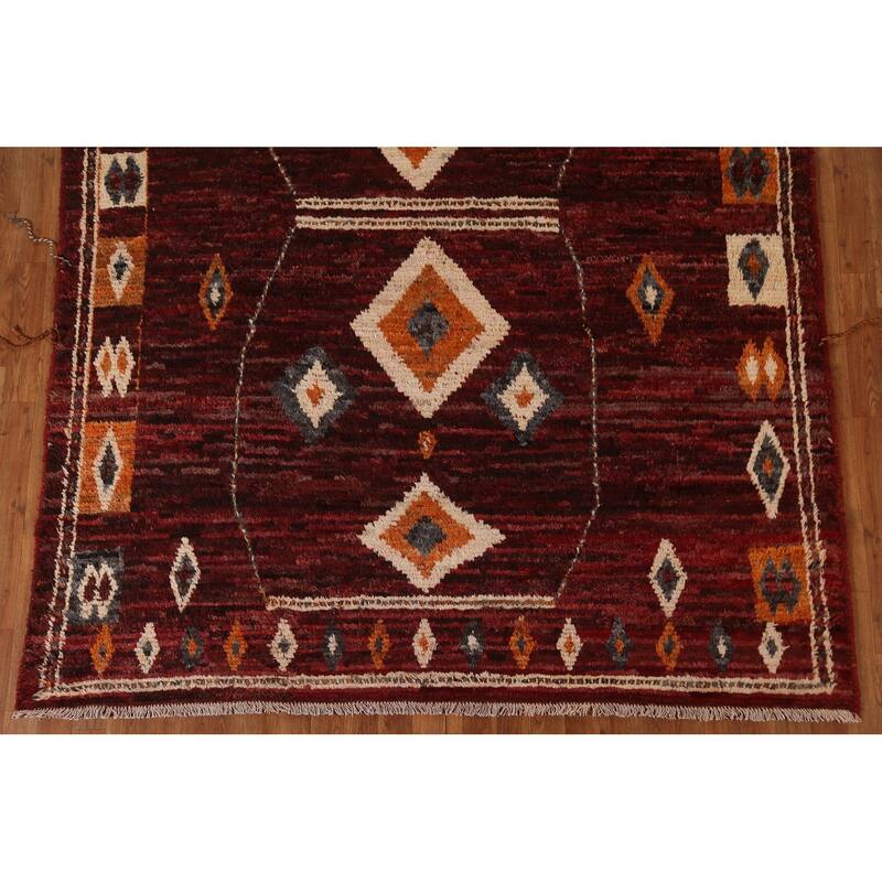 Hand Knotted Oriental 100% Wool Carpet Modern Tribal Red Moroccan Area Rug - 9' 7'' X 6' 10''