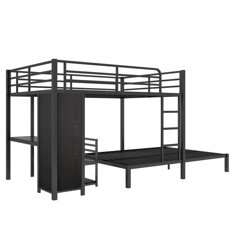 Queen Size Metal Bunk Bed with Wardrobe, Desk & Storage Chairs, Space-saving Design