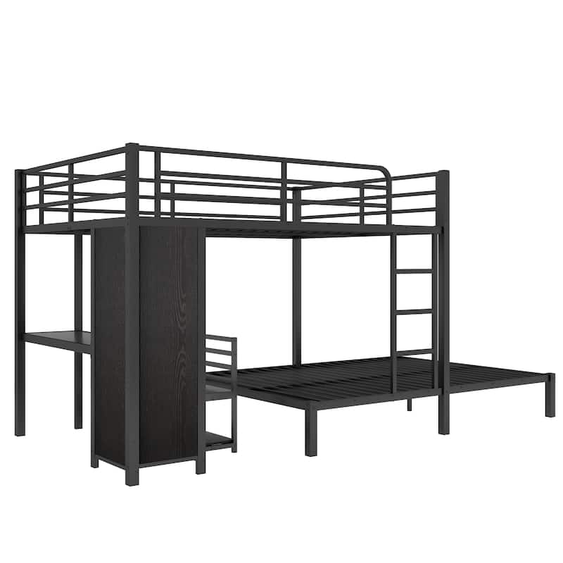Queen-over-Queen Metal Bunk Bed with Built-in Wardrobe, Desk and Storage Chairs