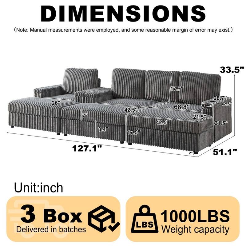 3-seater Modern Sofa with Corduroy Single Sofa, Cup-holding Grooves and 3 Ottomans