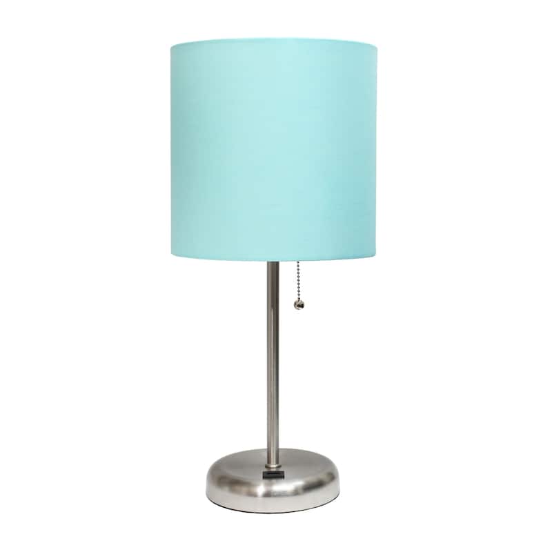 19.5" USB Port Feature Metal Lamp in Steel w Aqua Shade - Brushed Steel/Aqua Shade