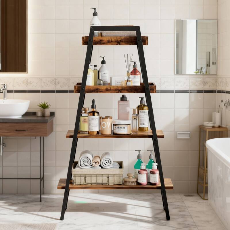 VECELO Modern 4-Tier Corner Ladder Bookshelf Metal & Waterproof MDF Shelves for Living Room Kitchen & Bathroom Corner Bookcase