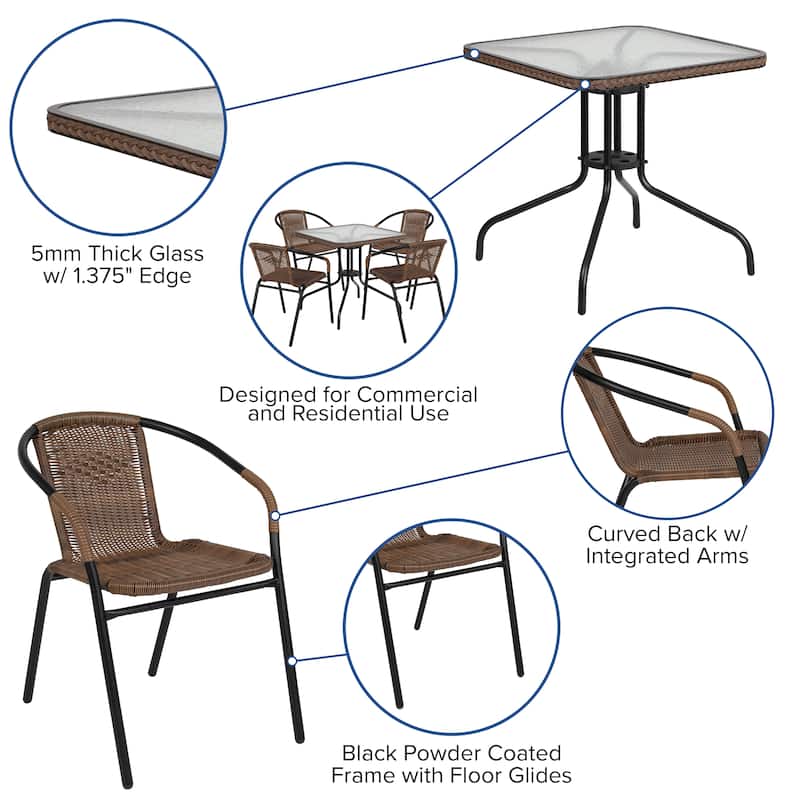 5-Piece Square Indoor/Outdoor Patio Table and Rattan Chairs Set - 28"W x 28"D x 28"H