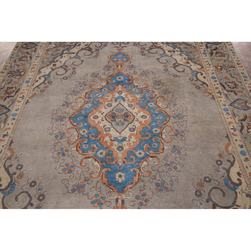 Distressed Tabriz Vintage Persian Rug Hand-Knotted Grey Wool Carpet - 6'6" x 9'7"