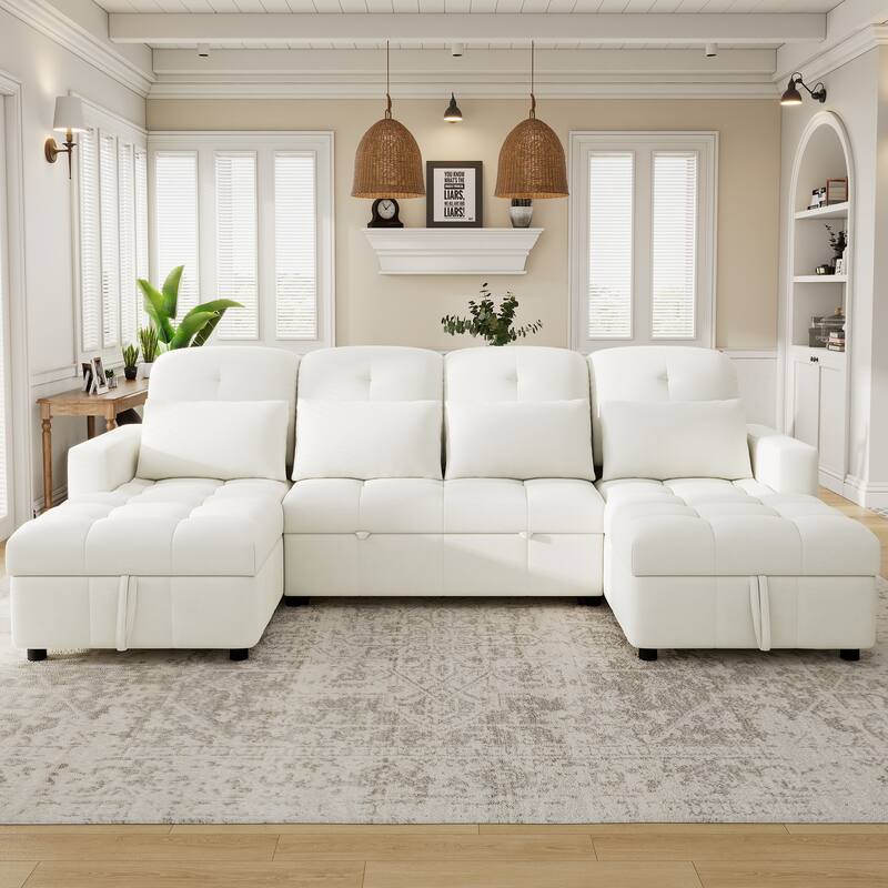 110.2" Oversized U-shaped Sectional Sofa Bed, Double Storage, 2 USB Ports, Beige Chenille for Living Room