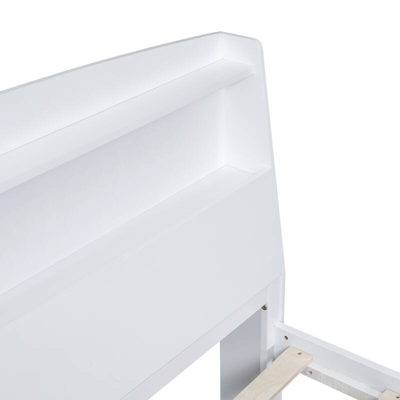 White Full Size Platform Bed with LED Storage Headboard, Twin Trundle, and 3 Drawers