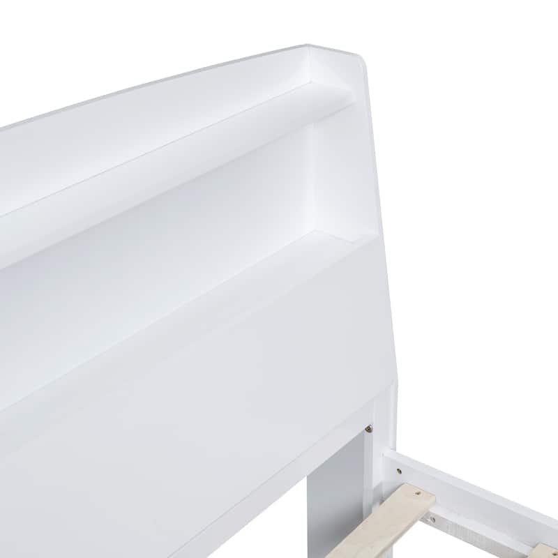 White Full Size Platform Bed with Storage LED Headboard, Twin Size Trundle and 3 Drawers