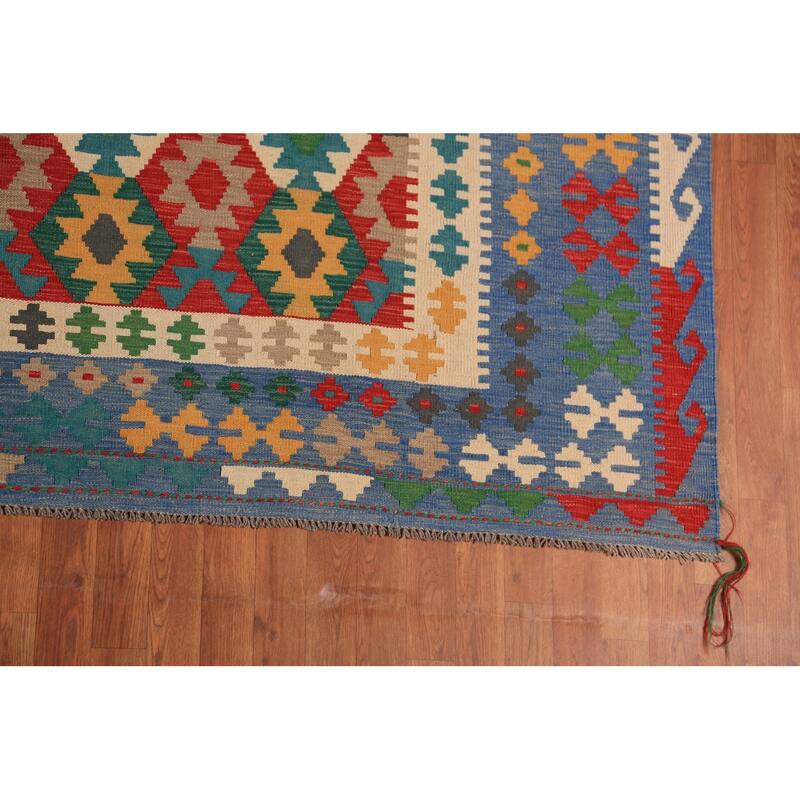 Palace Size Geometric Kilim Oriental Rug Hand-Woven Wool Carpet - 9'10"x 16'0"