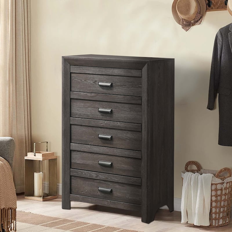 Chest with 5 Storage Drawers and Metal Pulls, Taupe Brown