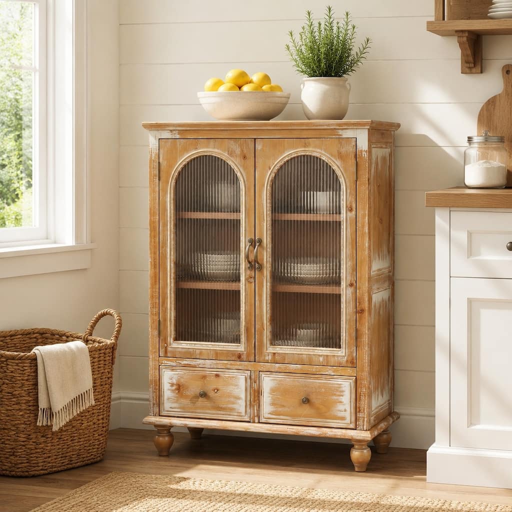 Farmhouse Pantry Storage Cabinet with Fluted Glass Doors, 2 Drawers, Adjustable Shelves, Rustic Buffet Cupboard