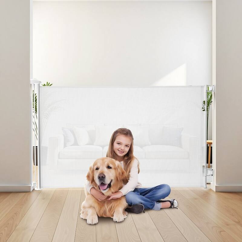 Retractable Baby Gate with Escape-Proof Bottom Hook and Mesh Design for Kids and Pets Safety
