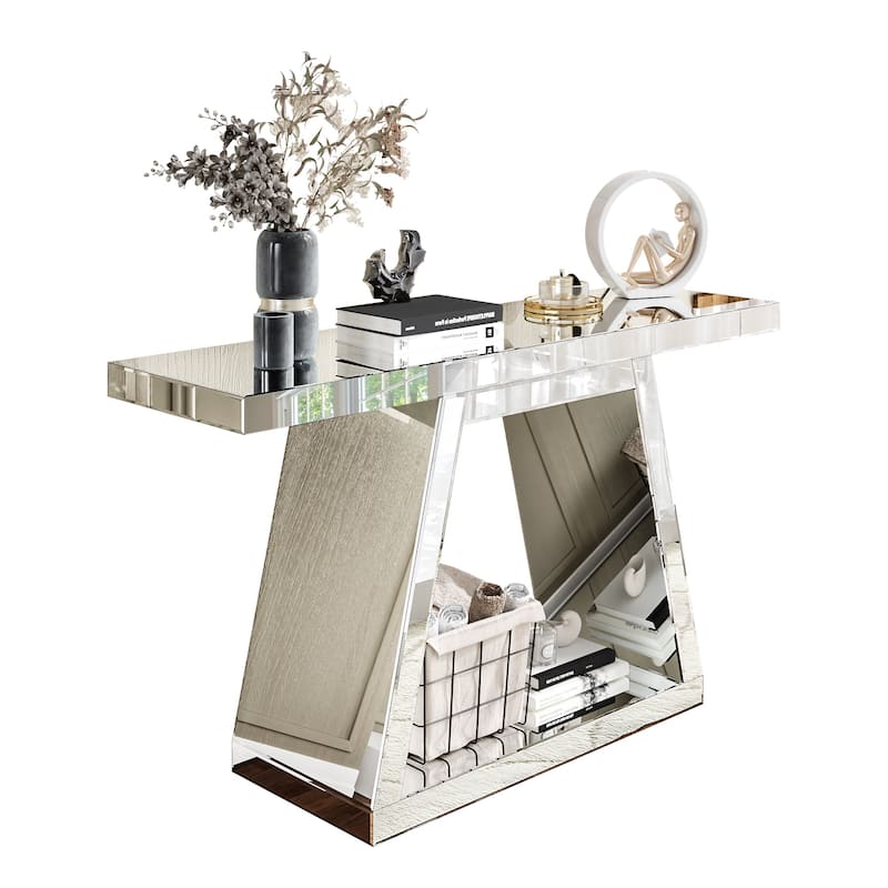 Silver Console Table with Trapezoid Base, Full-Body Mirror Entryway Table