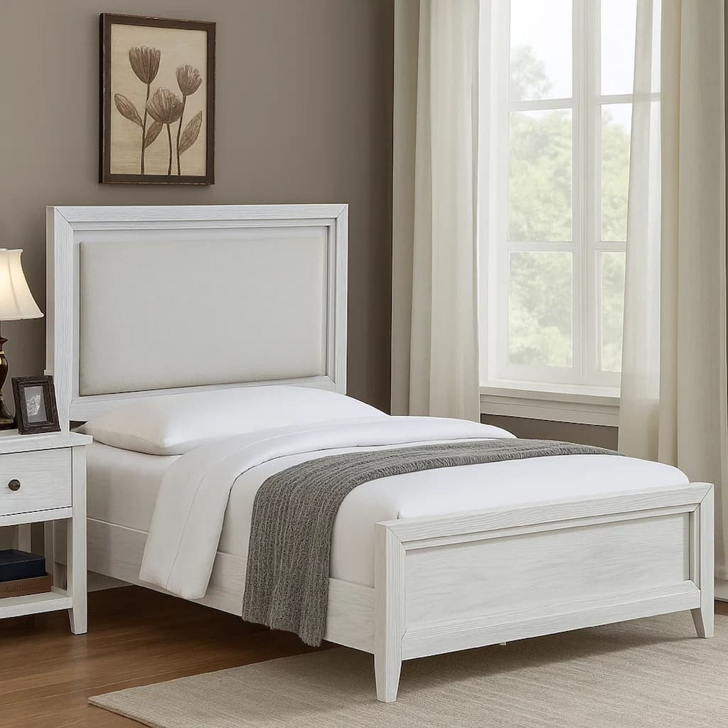 Leva Queen Bed, Upholstered LED Headboard, Modern White Acacia Wood