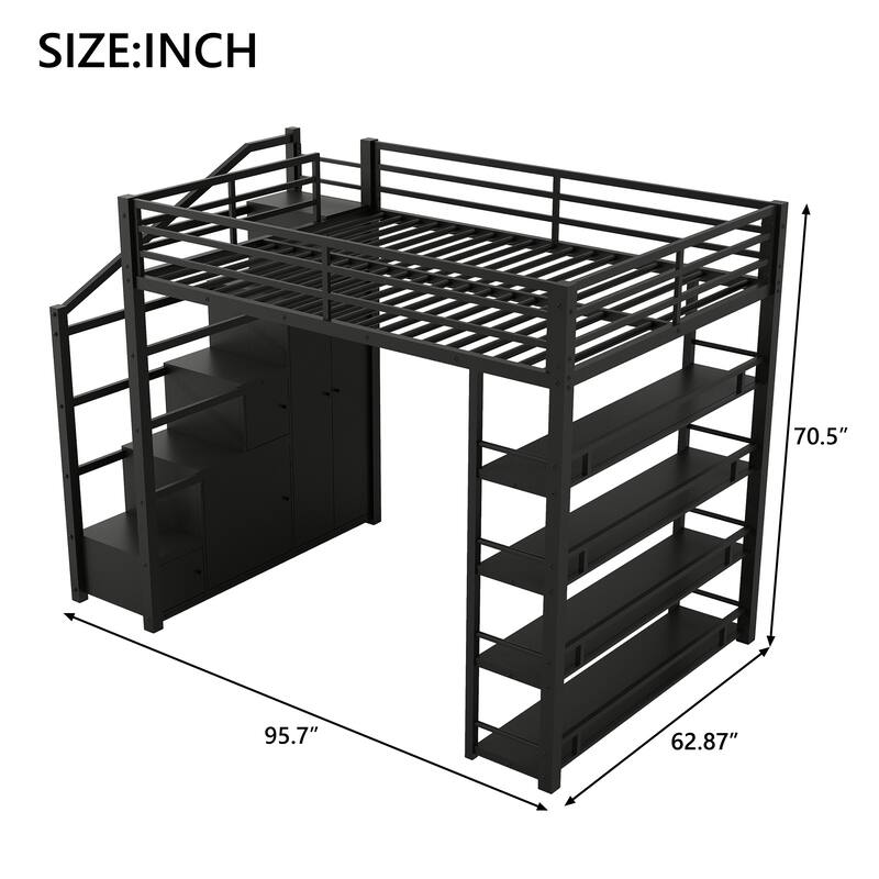 Metal Hight Loft Bed Frame with Storage Shelves, All-in-one Cabinets and Wardrobe Storage Stairs