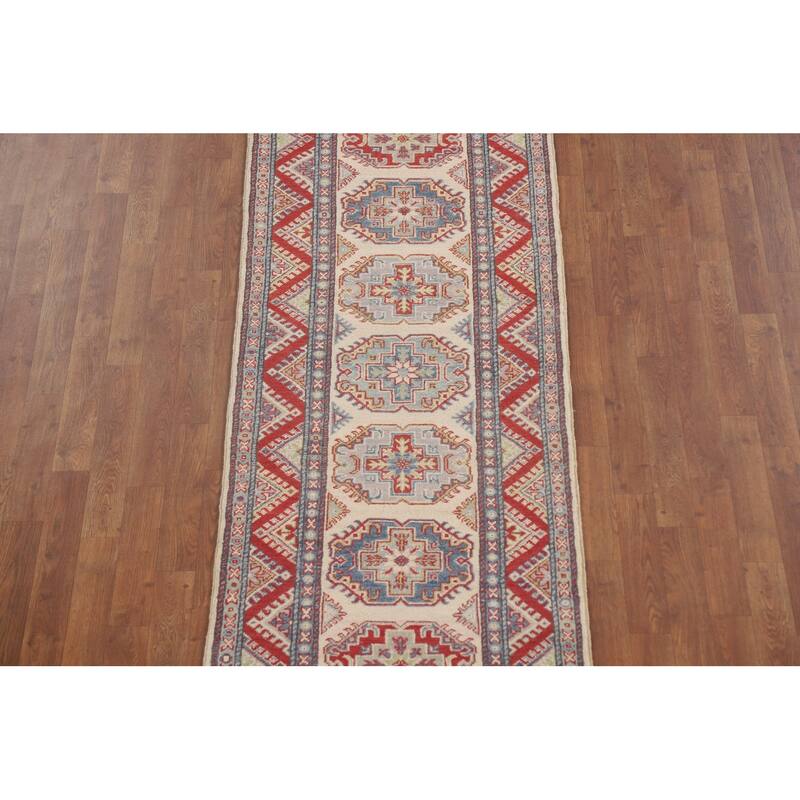 Geometric Kazak Runner Rug Handmade Beige Wool Carpet - 2'7" x 15'6"