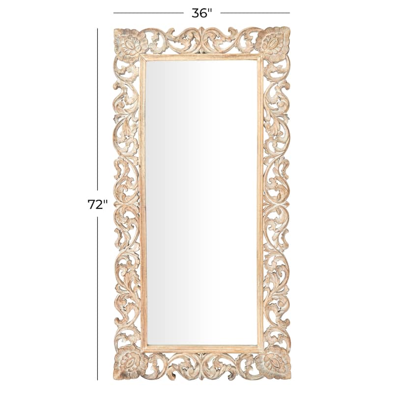 Mango Wood Floral Intricately Carved Wall Mirror - Light Brown - Roche River Decor - 2"W x 36"L x 72"H