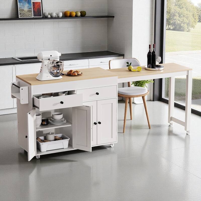 74.5" Extendable Kitchen Island with Dining Table, Rolling Storage Cart with 4 Doors, 2 Drawers, and Spice Rack