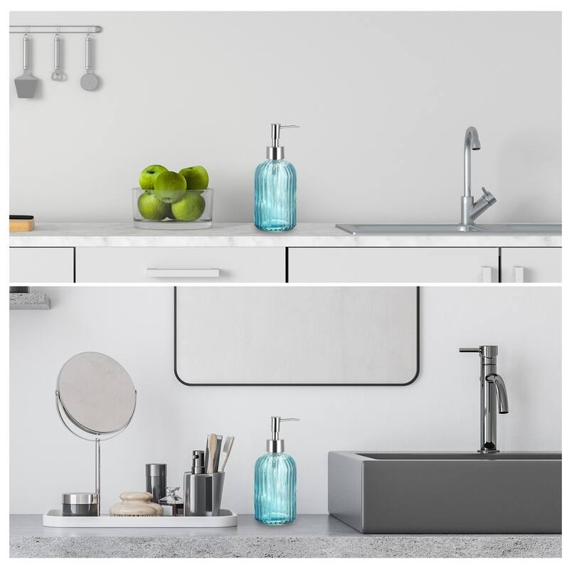 Soap Dispenser - 13.5Oz Glass Dish Hand Soap Dispenser with Silvery Pump for Kitchen Bathroom