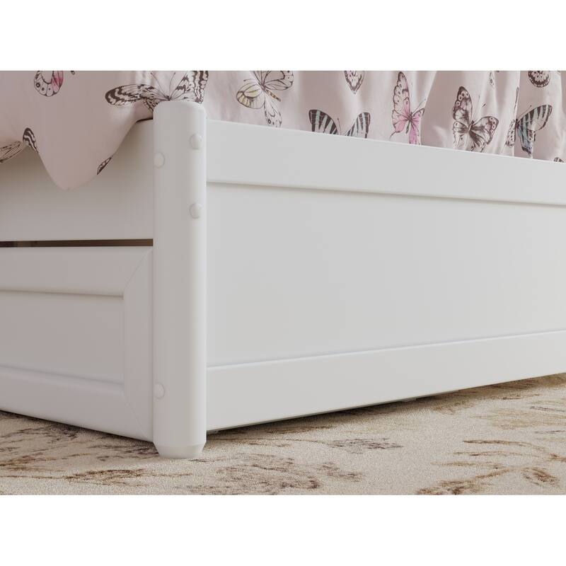 Twin Platform Bed with Trundle - White Wood Bed Frame & Panel Headboard - Space Saving Design