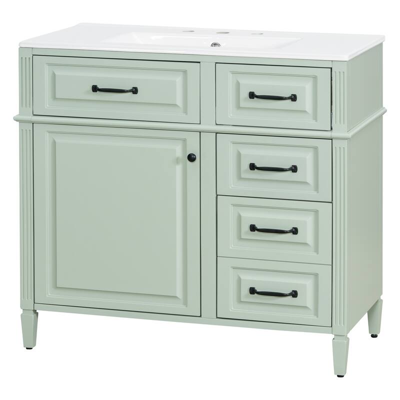 36-Inch Bathroom Vanity with Ceramic Sink Top, Solid Wood Frame and MDF Cabinet,with Adjustable Shelf and Metal Handles