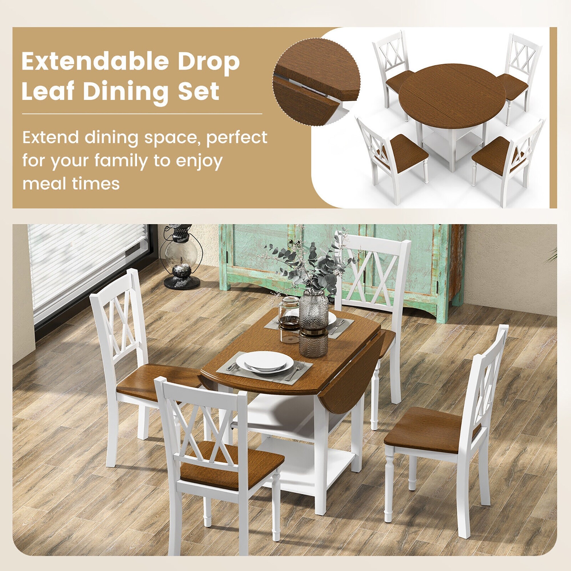 Gymax 5 Piece Round Dining Kitchen Set w Drop Leaf Dining Table