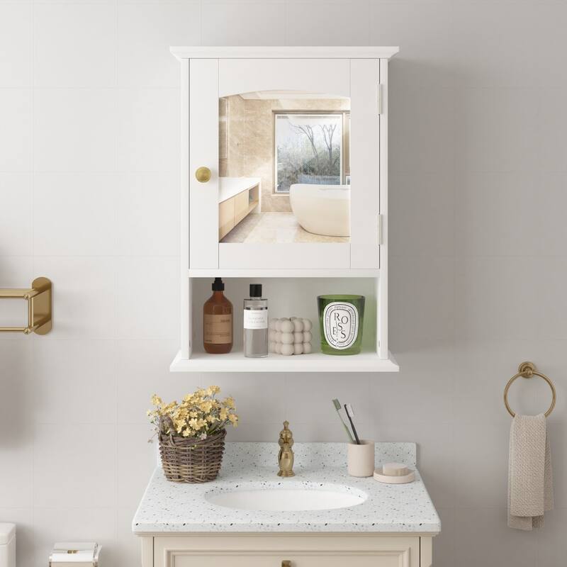 VECELO Modern White Wall Mounted Medicine Cabinet with Mirror & Gold Handle 3-Tier Bathroom Storage Cabinet for Bathroom