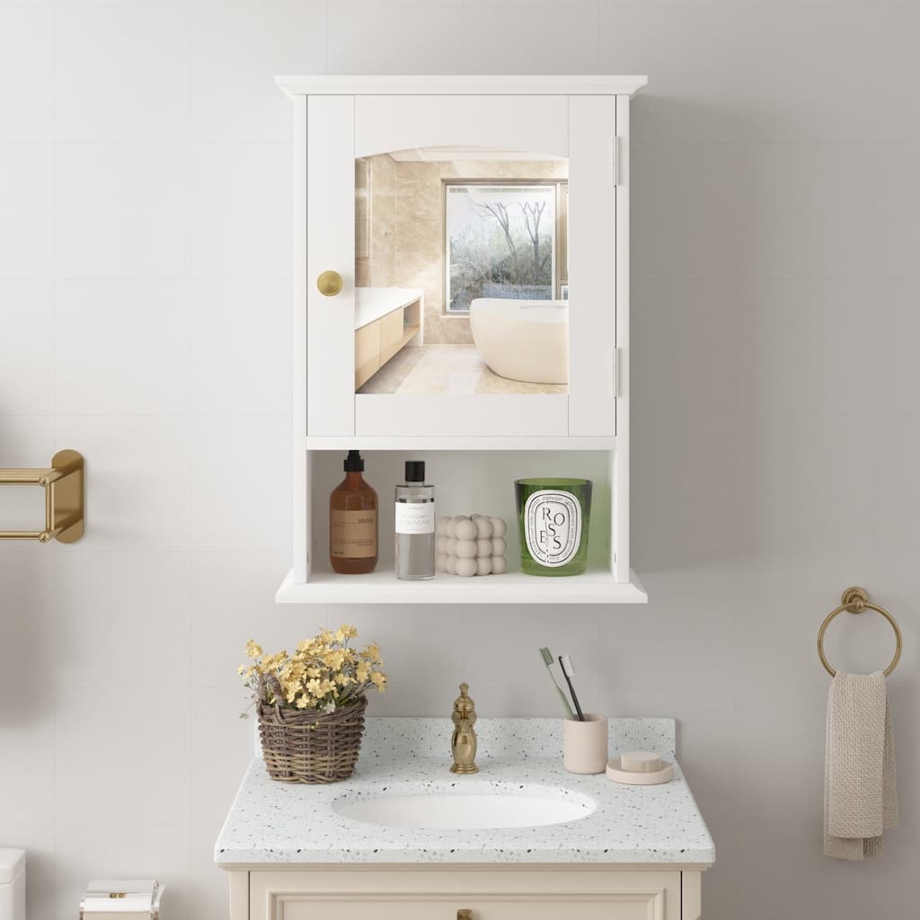 VECELO Modern White Wall Mounted Medicine Cabinet with Mirror & Gold Handle 3-Tier Bathroom Storage Cabinet for Bathroom