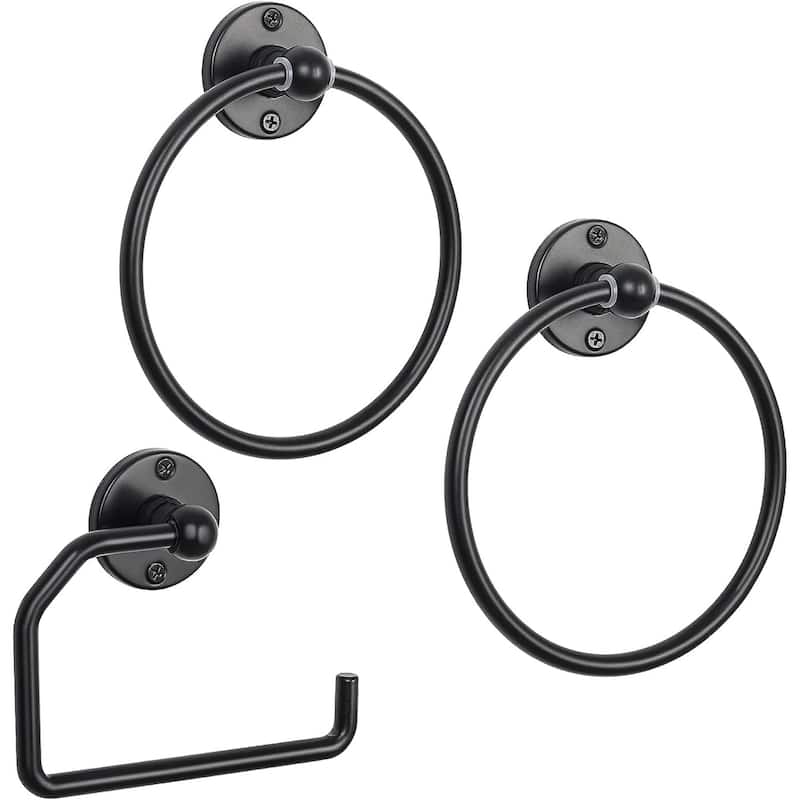 3 PCS Bathroom Hardware Set Towel Rings and Toilet Paper Holder with Screws - Black