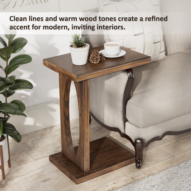 COZAYH Rustic C-Shaped End Table, Compact Snack Couch Side Table with Wooden Frame, Warm Brown Wood Finish