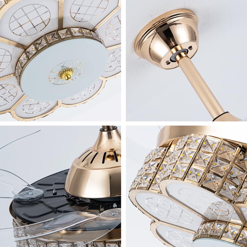 48" Crystal Chandelier Ceiling Fan with Light and Retractable Blades LED Dimmable DC Motor for Bedroom Living Room Kid's Room