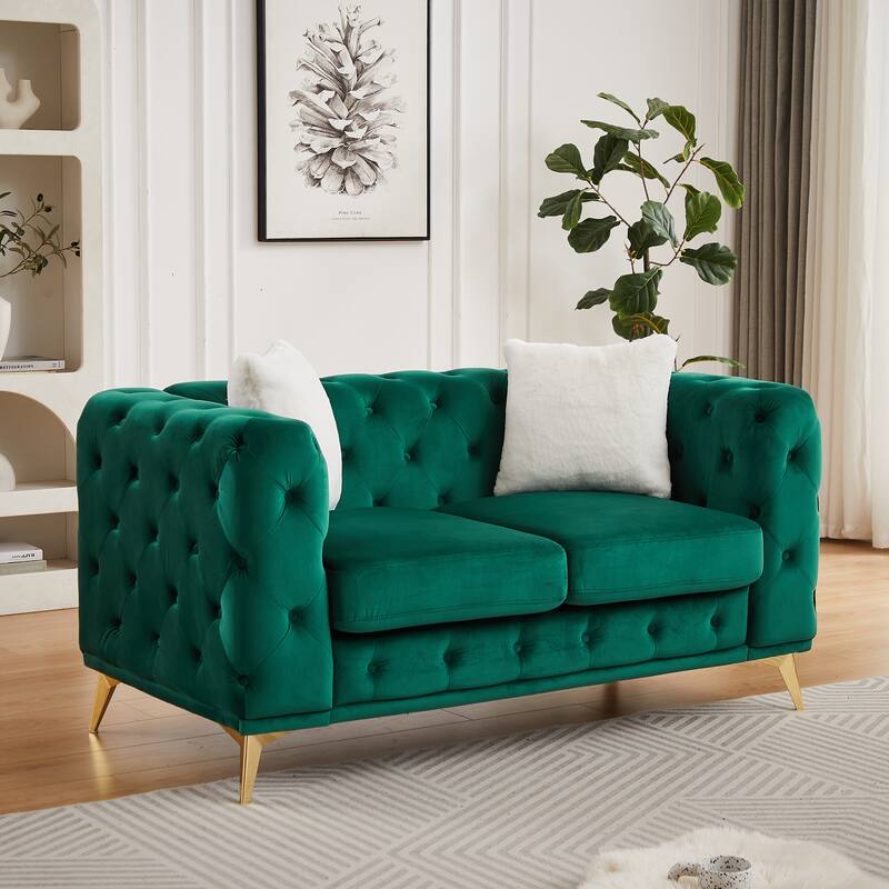 Velvet Chesterfield Loveseat Sofa, Tufted Button Upholstered 2 Seater Sofa, Lounge Sofa Chair with 2 Pillows & Metal Legs