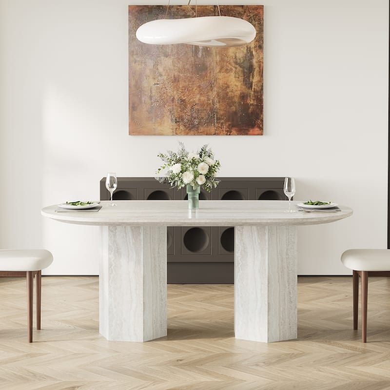 71" Modern Oval Wood Dining Table For 6 With Travertine Texture, Beige Kitchen Table With Bouble Pedestal