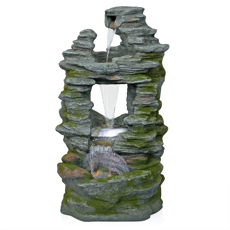 Stacked Stone Rainforest Fountain w/ Cool White LED Lights