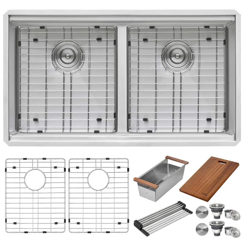 Ruvati 33-inch Workstation Ledge 50/50 Double Bowl Undermount 16 Gauge Stainless Steel Kitchen Sink - RVH8351 - 33" x 19"