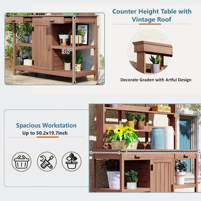 66" Large Outdoor Farmhouse Wooden Potting Bench Table
