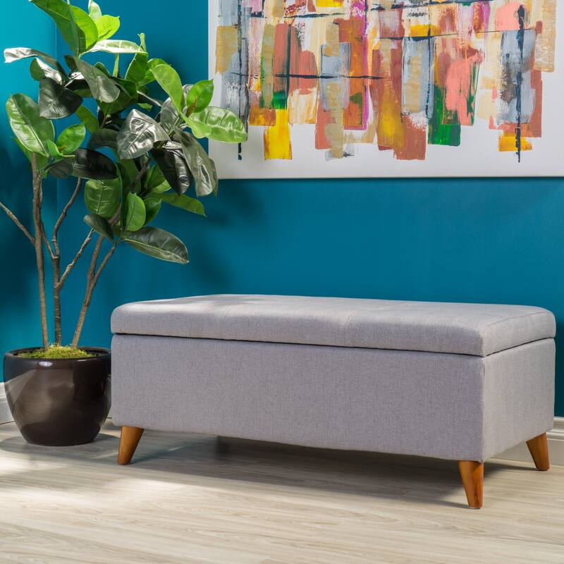 Roomfitters Upholstered Storage Ottoman Bench with Tapered Wood Legs, Entryway or Bedroom Seating - Grey