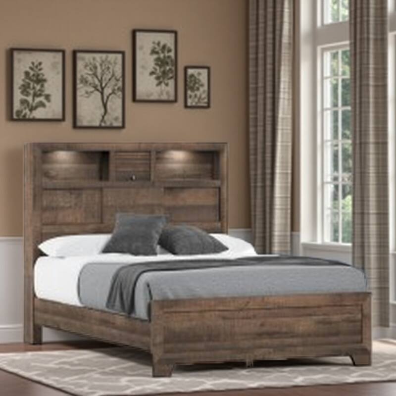 Modern Full Size Bookcase Bed Frame in Brown Penny Finish with Built-In Storage Headboard - Brown - Full