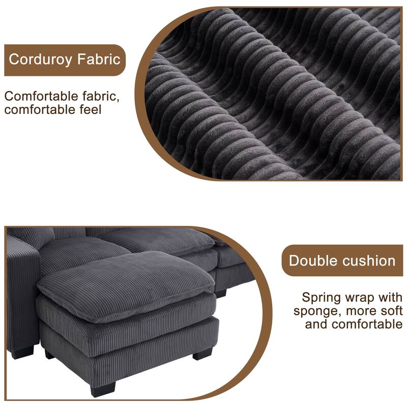Modern U Shaped 6-seat Sectional Corduroy Sofa Couch with one Ottoman and three toss pillows ,Modular Sofa for Living Room