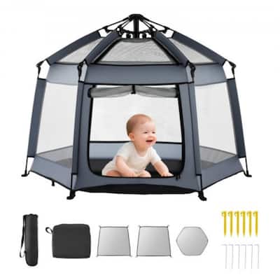 Grey 210D Oxford Fabric Portable Hexagonal Pop-Up Baby Playpen with Canopy for Indoor or Outdoor - 59” x 59” x 41.7”